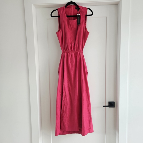 NWT Size 10 Banana Republic Linen Cotton Pink Midi Dress Cutout Back Pockets - Picture 2 of 7